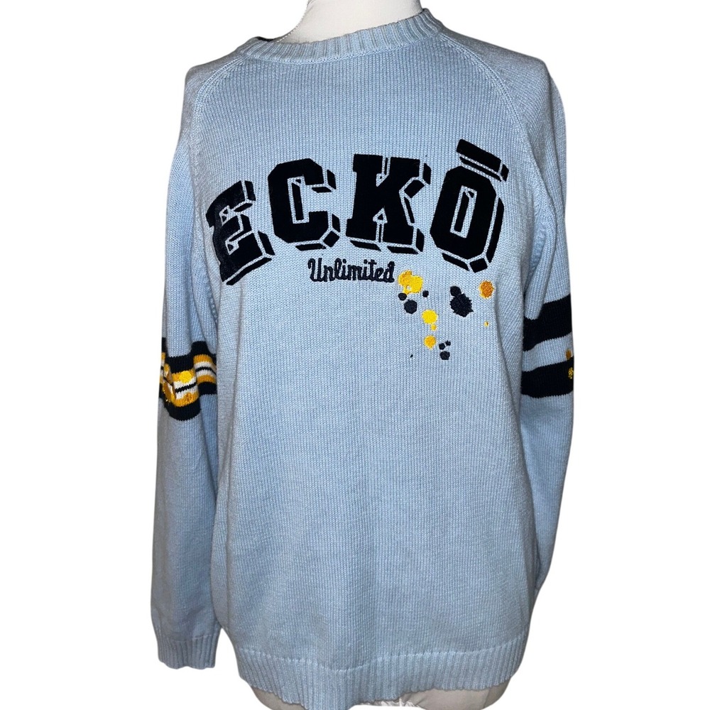 Y2K Vintage Ecko Unlited Mens Light Blue Knit Sweater Paint Splatter Crew Neck